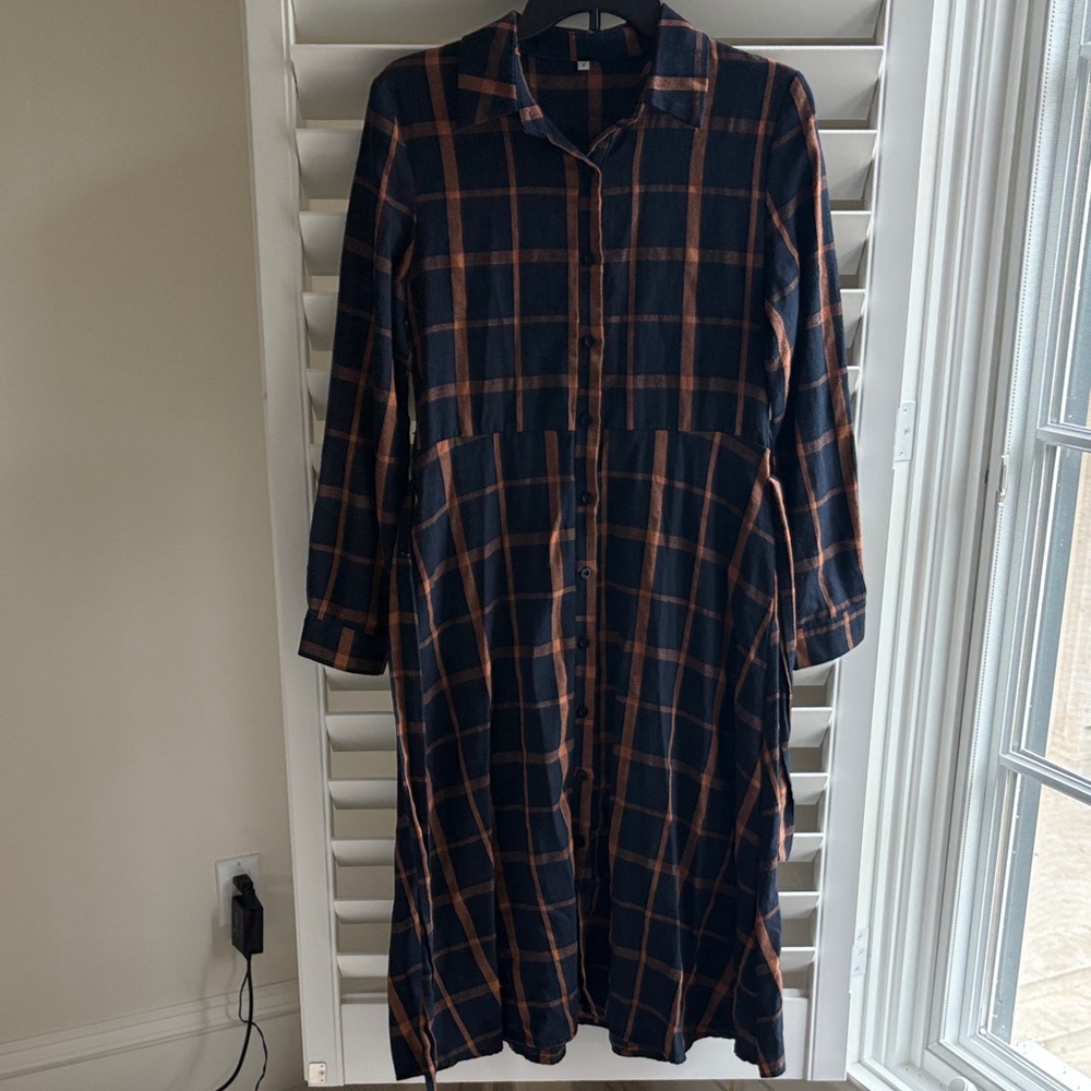 Amazon Navy and Orange Plaid Long Sleeve Dress